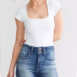 Free People Square Neck Bodysuit Short Sleeve White Womens Small NWT